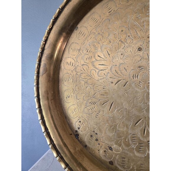 Solid Brass Etched Tray with Floral Engravings Large Shallow Decorative Platter - Picture 8 of 10